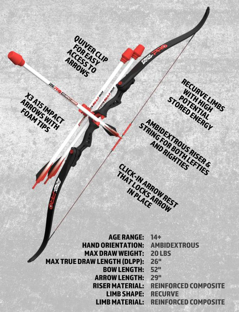 Faux Bow PRO Recurve - Foam Tipped Archery - 20 LB Draw Weight with 3 A15 Impact Arrows