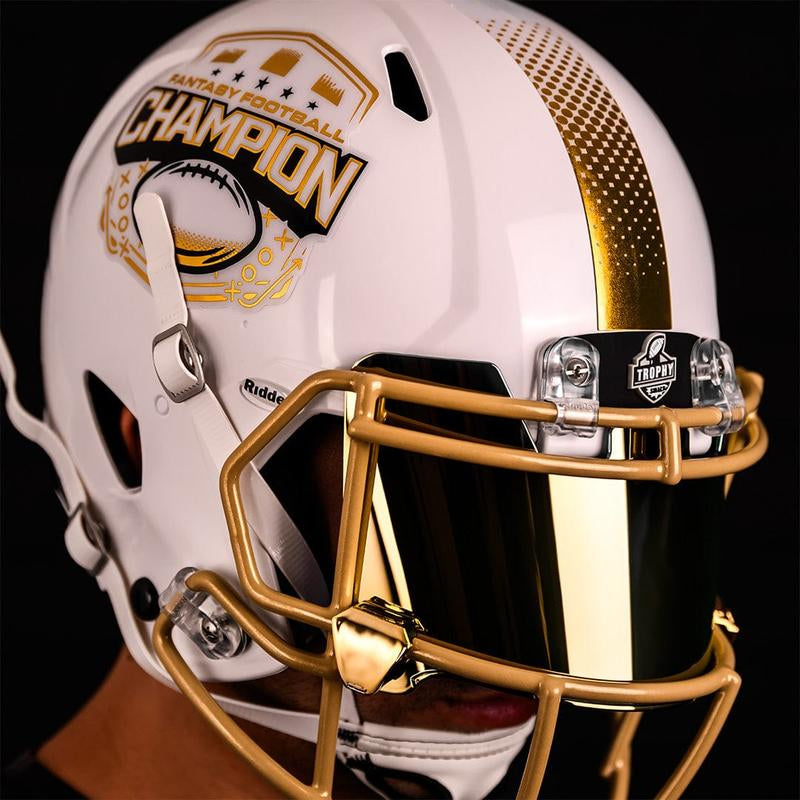 Riddell Fantasy Football Championship Helmet - White & Gold Full-Size Trophy with 'Fantasy Football Champion' Engraving