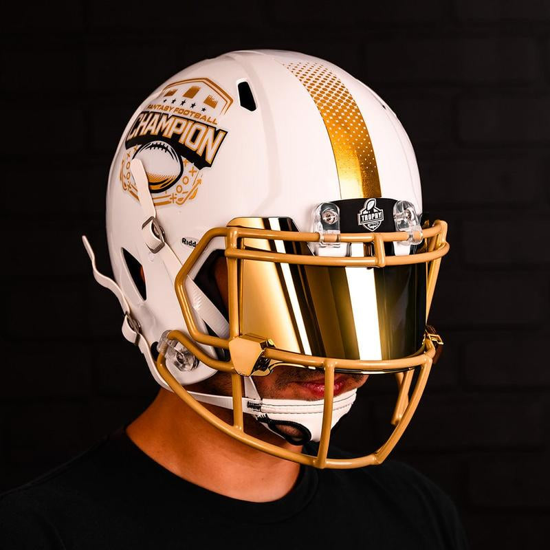 Riddell Fantasy Football Championship Helmet - White & Gold Full-Size Trophy with 'Fantasy Football Champion' Engraving