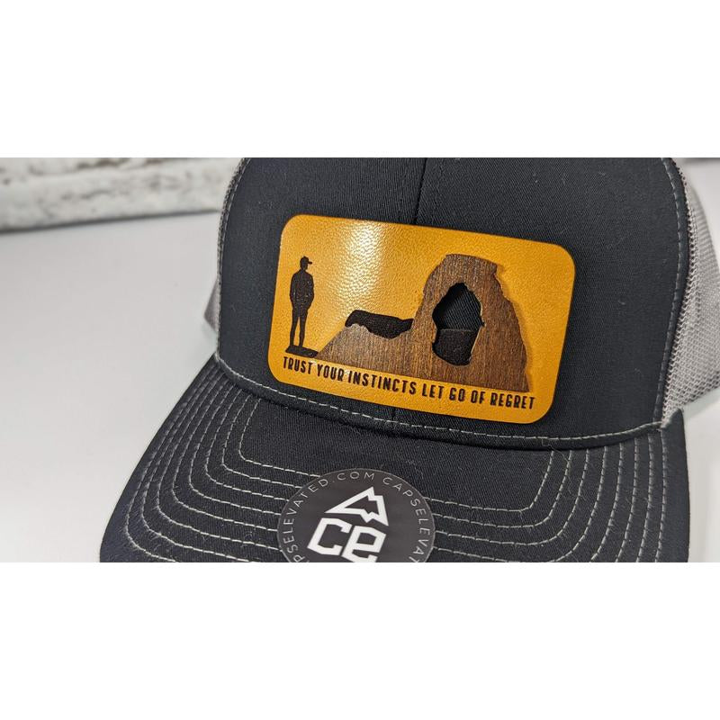 Trust Your Instincts Let Go of Regret Wood Patch Tucker Snapback Hat