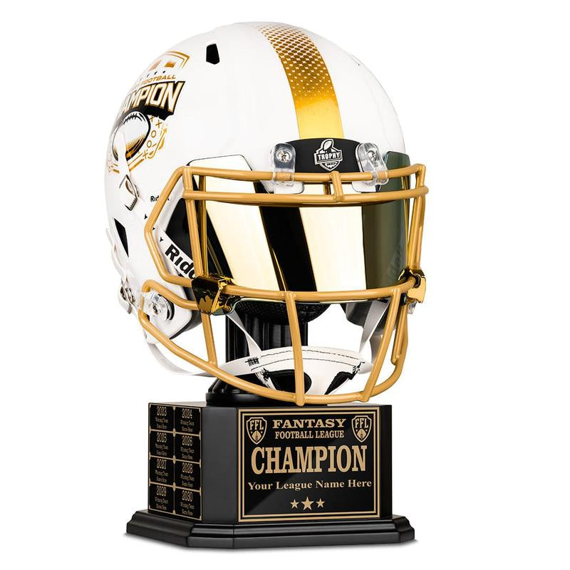 Riddell Fantasy Football Championship Helmet - White & Gold Full-Size Trophy with 'Fantasy Football Champion' Engraving