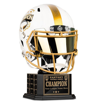 Riddell Fantasy Football Championship Helmet - White & Gold Full-Size Trophy with 'Fantasy Football Champion' Engraving