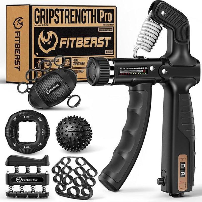 Fitbeast 10-160 Lbs Grip Strength Trainer Kit, Pro Hand and Forearm Strengthener Kit with Adjustable Resistance and Multi-Function Massage Balls for Hand Therapy, Grip Training, and Recovery