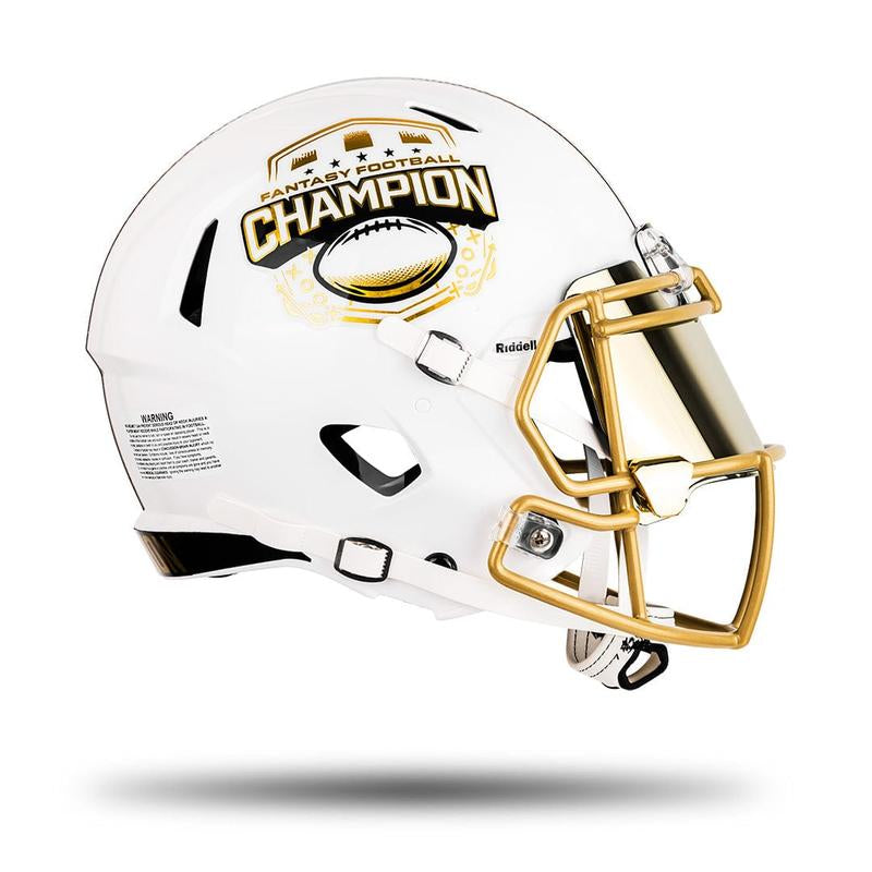 Riddell Fantasy Football Championship Helmet - White & Gold Full-Size Trophy with 'Fantasy Football Champion' Engraving