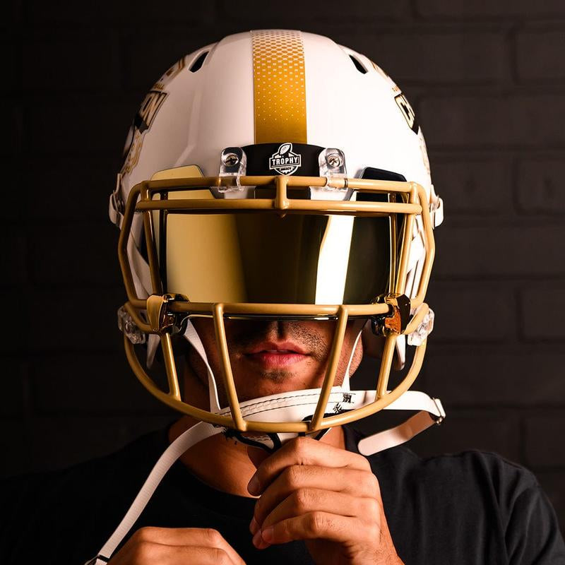 Riddell Fantasy Football Championship Helmet - White & Gold Full-Size Trophy with 'Fantasy Football Champion' Engraving